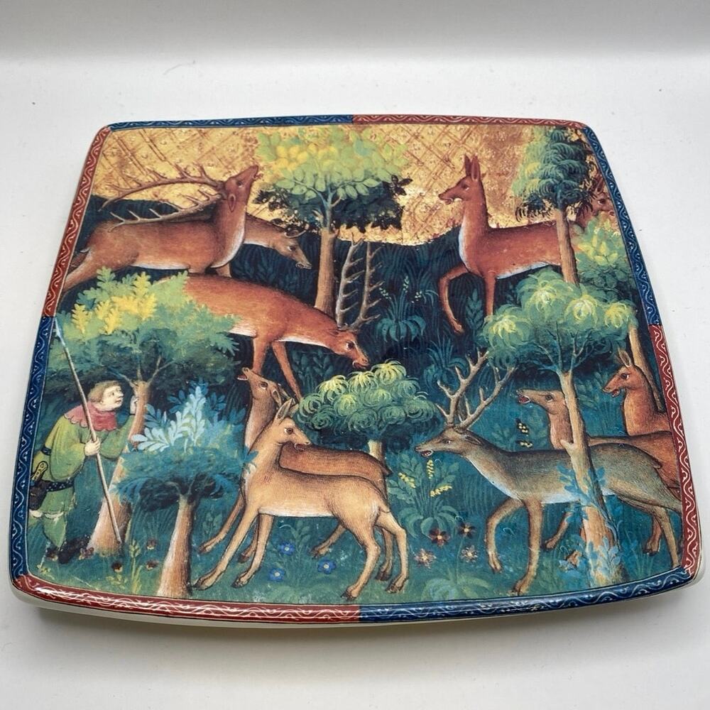 Italian Ceramics Company ICC CACCIA Square Plate Deer Hunt Medieval Italy 8.5”